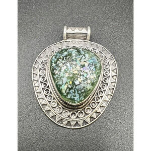 STUNNING! Sterling Silver Large Ornate Turquoise MOP Amethyst Gemstone Pendant